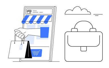 E-ticaret konsepti. Akıllı telefon mağazası, alışveriş çantası ve iş çantası tarafından e-ticaret. E-ticaret perakende ve dijital satışları dönüştürüyor. Perakende, teknoloji, iş, cep telefonu için mükemmel