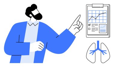 Sağlık hizmetleri veri analizi, tıp eğitimi, hastalık teşhisi, akciğer bilimi araştırması, hasta bakımı, sağlık raporu. Tıbbi dosyaya işaret eden kişi. Sağlık hizmetleri veri analizi ve tıp eğitimi