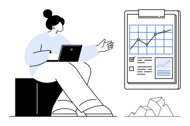 İş büyümesi, strateji planlaması, pazarlama eğilimleri, veri analizi, finansal içgörüler, uzaktan çalışma. Dosyanın yanında dizüstü bilgisayarla çalışan biri. İş büyümesi ve strateji planlaması