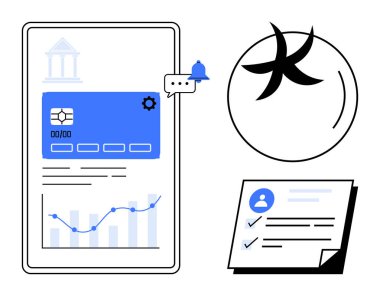 Analiz, uyarı, kimlik belgesi ve güvenlik sembolüyle birlikte dijital ekranda banka kartı detayları. Finans, fintech, bankacılık, analitik, bildirim kimliği için ideal