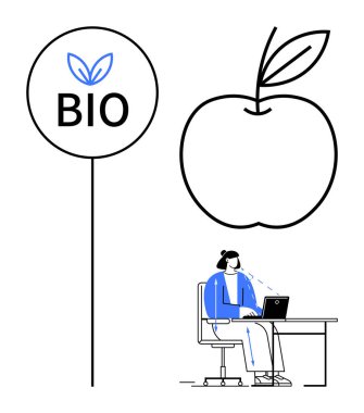 Organik ürün konsepti. Biyolojik bir işaret ve elma çizgisi ile donatılmış organik elementler. Organik uygulamalar, bir kişi masasında çalıştığı için verimlilikle aynı hizaya gelir. Sürdürülebilirlik, sağlık, verimlilik