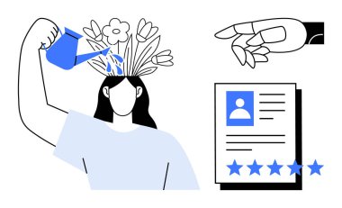 Çiçekler ve suyla yaratıcılığı besleyen insan, robotik el etkileşimi, ve reytinglerle profesyonel özgeçmiş. Eğitim, teknoloji, yapay zeka, kişisel büyüme ve adam toplama için ideal