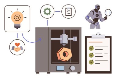 3D yazıcı robot analiz sonuçları, yenilik simgeleri, dişliler ve kontrol listesi içeren nesneler yaratıyor. Teknoloji, üretim, otomasyon, robot bilimi, tasarım yeniliği için ideal basit düz metafor