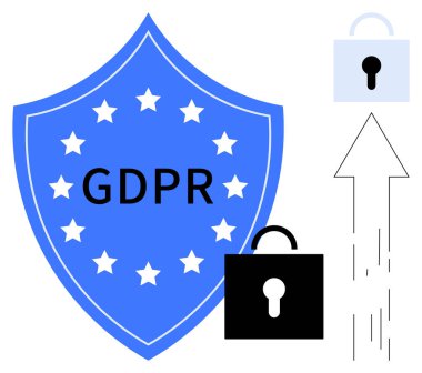 Veri gizliliği, siber güvenlik, kurallara uyma, çevrimiçi güvenlik, veri şifreleme, bilgi güvenliği. AB yıldızlı mavi kalkan, GDPR metin kilitleri ve yukarı doğru ok. Veri gizliliği ve siber güvenlik