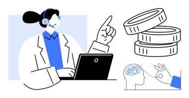 Uzaktan danışma, akıl sağlığı hizmetleri, teleoterapi, finansal karar verme, dijital yardım, rehberlik. Madeni paraların yanında el kol hareketi yapan ve beyin diyagramı olan bir profesyonel. Uzak