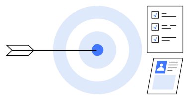 Hedef kavramı. Hedef ok ve kontrol listesi başarısı, hedef başarısı ve proje yönetimi. İş stratejileri, üretkenlik, planlama ve hedef ayarları için mükemmel