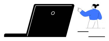 Dijital iletişim, teknoloji öğrenme, kullanıcı etkileşimi, uzaktan çalışma, çevrimiçi işbirliği, eğitim. Bir insan ve bir dizüstü bilgisayar minimalistiği. Dijital iletişim ve teknoloji öğrenimi