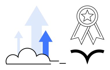 İş büyümesi, başarı, başarı, liderlik, motivasyon, gelişme. Buluttan yükselen oklar, kurdeleli bir madalya ve kuş silueti. İş büyümesi ve başarı kavramı
