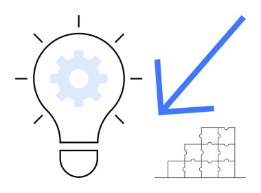 Yenilik kavramı. Dişli sembollü ampul, büyüme oku ve bulmaca problem çözmede yeniliği engelliyor. Yenilik motivasyon başarı, yaratıcılık, gelişme, takım çalışması, stratejiler