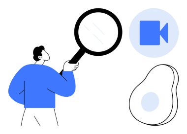 Araştırma, medya analizi, dijital keşif, yemek kavramları, video dersleri, minimal tasarım. Bir kişi elinde büyüteç, video kamera ve avokado simgeleri tutuyor. Araştırma ve medya analizi