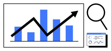 Büyümeyi, büyümeyi, büyümeyi, analizi, istatistiksel gösterge panelini simgeleyen ok ve parmaklıkların oluşturduğu grafikler. Analiz, iş büyümesi, istatistik, performans takibi ve strateji için ideal