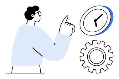 Zaman yönetimi, verimlilik, verimlilik, iş akışı optimizasyonu, iş stratejisi, planlama. Vites resimli saati işaret eden biri. Zaman yönetimi ve üretkenlik araçları