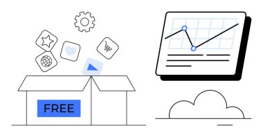 Üzerinde FREE etiketli açık kutu uygulama simgeleri, dişliler, grafik örtüsü yükselen eğilimi gösteren grafikler ve bulut salıyor. Yenilik, teknoloji, analitik, iş yazılımı yaratıcılığı girişimleri için idealdir. Temiz
