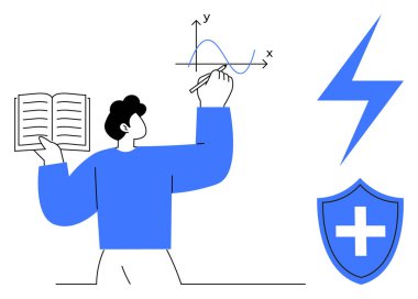 Veri analizi, eğitim, enerji, sağlık koruması, araştırma, yenilik. Grafik yazan kişi, el kitabı, yıldırım ve tıbbi kalkan. Veri analizi ve eğitim kavramı