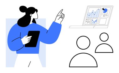 Veri analizi, takım çalışması, iş planlaması, işbirliği, teknoloji, performans. Tableti elinde tutan kadın dizüstü bilgisayarına çizelgeleri gösteriyor. Veri analizi ve takım çalışması kavramı