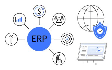 İş yönetimi, girişim yazılımı, finansal analiz, veri güvenliği, iş akışı optimizasyonu ve küresel çözümler. İşlem simgeleri ve dijital arayüzü olan ERP sistemi. İş yönetimi