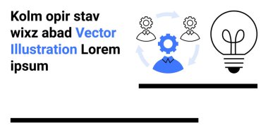 İş kavramları, takım çalışması, yenilik, liderlik, beyin fırtınası ve fikir üretimi. Bireyleri birbirine bağlayan dişliler, yeniliğin ampul sembolü. Takım çalışması ve yenilik kavramı