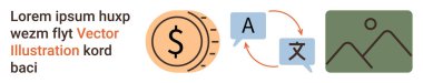 Para değişimi, küreselleşme, çeviri hizmetleri, görsel içerik, finansal teknoloji ve kültürler arası iletişim. Dolar sembolü, çeviri okları ve resim simgesi gösterildi. Finansal
