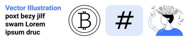 Bitcoin logosu, meta veri etiketi sembolü ve müzik ve yaratıcılıkla fikirler üreten kişi. Yenilik, teknoloji, dijital para birimi, sosyal medya, içerik oluşturma, bilgi paylaşımı için ideal
