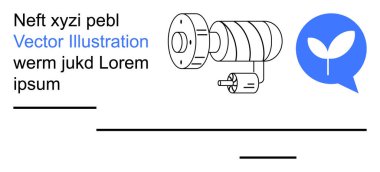 Yenilenebilir enerji, çevre dostu süreçler, sürdürülebilirlik, mekanik tasarım, yeşil teknolojiler, yenilik. Mavi konuşma balonunda bir yaprak simgesinin yanında teknik bir robot resim. Yenilenebilir enerji