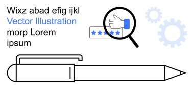 İş, kalite kontrol, geri bildirim sistemleri, müşteri hizmetleri, verimlilik, araştırma araçları. Baş parmaklar, yıldızlar, kalem ve dişliler üzerinde büyüteç. İş ve kalite kontrol kavramı
