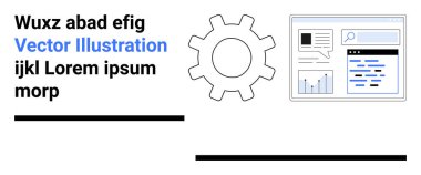 Veri analizi, otomasyon, işlem optimizasyonu, dijital iş akışı, iş zekası, geliştirme. Vites simgesi ve UI arama çubuğu ve çizelgeleri gösteriyor. Veri analizi ve otomasyon kavramları