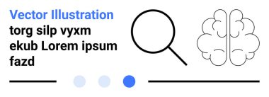Beyin ikonu, noktalar ve çizgilerin yanında minimal dizayn edilmiş büyüteç. Araştırma, analiz, öğrenme, yenilik, problem çözme, yaratıcılık beyin fırtınası ve basit bir iniş sayfası için ideal