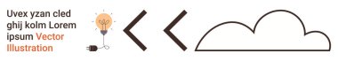 Yenilik, bulut hesaplama, teknoloji, fikir üretimi, veri depolama, iş stratejisi. Ampulü, okları ve bulutu olan minimalist tasarım. Yenilik ve bulut hesaplama kavramı