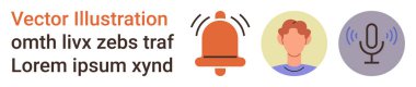 Bildirimler, kullanıcı profilleri, iletişim, ses uyarıları, dijital varlıklar, çevrimiçi etkileşimler. Bir çan, insan avatarı ve mikrofon ikonu. Bildirimler ve kullanıcı profilleri