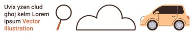 Teknoloji, bulut hesaplama, arama araçları, hareket kabiliyeti, veri depolama, araştırma. Minimalist tasarım bulut, büyüteç ve araba gösteriyor. Bulut hesaplama ve arama araçları kavramı