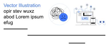 E-öğrenme, zihinsel sağlık farkındalığı, dijital platformlar, eğitim sistemleri, uzaktan öğrenme, teknoloji kullanımı. Dağınık bir karalama ve cihazlı bir LMS platformu olan üzgün bir yüz. E-öğrenme ve zihinsel