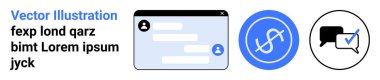 Çevrimiçi iletişim, finansal teknoloji, kullanıcı arayüzü, iş operasyonları, takım çalışması ve dijital hizmetler. Sohbet penceresi, para birimi sembolü ve onaylanmış konuşma balonu. Çevrimiçi iletişim