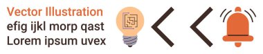 Yenilik, yaratıcılık, uyanıklık, iletişim, dijital içerik, vektör grafikleri. Devreli ampul ve metin elementli çan simgeleri. Yenilik ve yaratıcılık kavramı