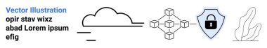Bulut bilgisayarı, veri güvenliği, engelleme zinciri, teknoloji koruması, dijital çözümler, merkezi olmayan depolama. Çizgi sanat bulutu, asma kilitli ağ kalkanı. Bulut hesaplama ve veri güvenliği