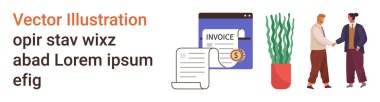 İş görüşmeleri, belge yönetimi, mali işlemler, fatura illüstrasyonu, takım çalışması, dijital platformlar. Tokalaşan iki kişi, görsel belge faturası ve bitki. İş dünyası