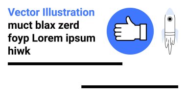 Sosyal medya, dijital onay, geri bildirim araçları, çevrimiçi iletişim, marka unsurları, görsel pazarlama. Roket illüstrasyonunun yanında bir simge var. Sosyal medya ve dijital onay kavramı