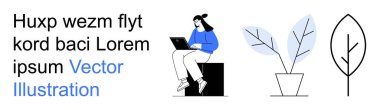 Dijital iletişim, uzaktan çalışma, minimalizm, modern tasarım, çevrimiçi öğrenme, yaratıcı görselleştirme. Dizüstü bilgisayarda çalışan bir kadın, basit bitkiler ve mesajlar. Uzak çalışma ve minimalizm kavramı