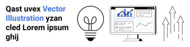 İş stratejisi, finansal büyüme, yenilik, veri analizi, fikir üretimi, başarı. Ampul, yukarı bakan okları ve haritaları görüntüle. İş stratejisi ve mali büyüme