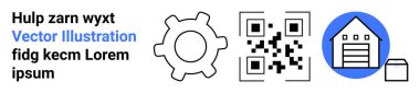 Teknoloji, lojistik, otomasyon, depo yönetimi, veri depolama, tarama. Gear, QR kodu ve depo grafikleri düz dizayn edilmiş. Teknoloji ve lojistik kavramı
