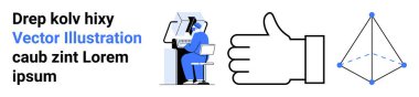 İş yeri verimliliği, onay, tasarım kavramları, takım çalışması, veri görselleştirme, geometri. Masada çalışan bir kişi, iyi niyetli bir el ve geometrik bir diyagram. İş yeri verimliliği ve onayı
