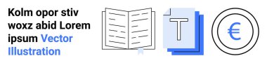 Eğitim, yayıncılık, finansal planlama, para birimi yönetimi, tasarım kaynakları, belge oluşturma. Açık kitap, metin belgesi ve avro para birimi simgesi üzerinde duruluyor. Eğitim ve yayıncılık