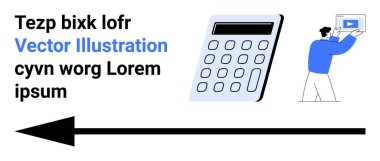 Hesap makinesi, büyük ok, metin blokları ve çalma tuşuna basan kişi. Eğitim, finans, teknoloji, bilgi grafikleri, dijital pazarlama sunumları için ideal basit iniş sayfası