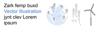Çevresel sürdürülebilirlik, yeşil enerji, teknoloji bağlantıları, küresel ticaret, veri akışı, yenilenebilir kaynaklar. Konum iğneli harita, yükselen oklar rüzgar türbini. Sürdürülebilirlik ve yeşil