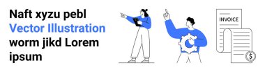 Finansal planlama kavramlarını işaret eden iki kişi, bir dişli ve bir fatura tutuyor. Takım çalışması, yönetim, strateji, iş, finans, analitik, basit iniş sayfası için ideal