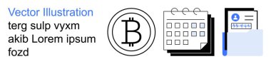 Kripto para birimi, zaman yönetimi, kimlik doğrulaması, engelleme zinciri, dijital güvenlik, finansal iş akışı. Ekranda Bitcoin sembolü, takvim ve kimlik kartı var. Kripto para birimi ve zaman yönetimi