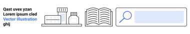 Eğitim, araştırma, tıp eğitimi, bilgi, veri araması, çevrimiçi öğrenme. İlaç şişelerinin resimli ikonları, açık bir kitap ve bir arama barı. Eğitim ve araştırma kavramı