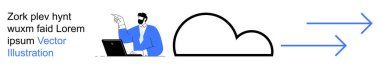 Bulut depolama, takım çalışması, veri paylaşımı, uzaktan çalışma, teknoloji, yenilik. Bulutlar ve oklarla çalışan bir iş adamı. Bulut depolama ve takım çalışması kavramı