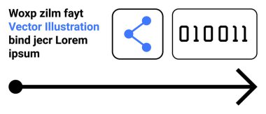 Veri paylaşımı, dijital iletişim, kodlama, bilgi akışı, ağ oluşturma, ikili dil. Mavi bağlantı sembolü, ikili kod ve minimalist bir arkaplanda ok. Veri paylaşımı ve dijital