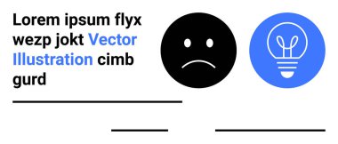 Problem çözme, yenilik, yaratıcılık, duygular, beyin fırtınası, görsel iletişim. Üzgün bir yüz ikonu ve yanyana bir ampul sembolü. Sorun çözme ve yenilik kavramı