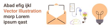 İş çözümleri, e-posta pazarlama, yenilik, yaratıcılık, iletişim, fikir paylaşımı. Veri akışı diyagramı olan zarf ve ampul çizimleri. E- posta pazarlama ve yenilik kavramı